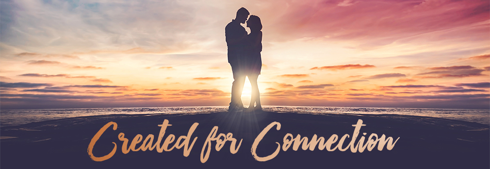 silhouetted image of a couple standing on the beach embracing each other. Text says: created for connection.