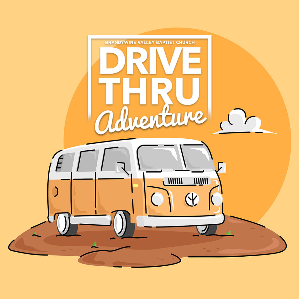 An artist drawing of a vintage orange and white volkswagen bus in front of a sunset. Text says: brandywine valley baptist drive thru adventure.