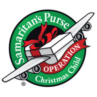 Operation christmas child logo features an airplane with a gift box as the fuselage.