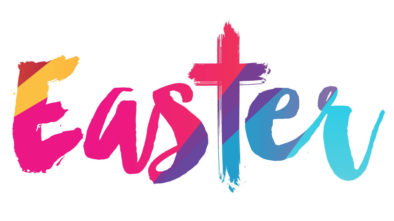 the word easter written in a script font with pastel colors filling the text. instead of the letter t there is a cross.