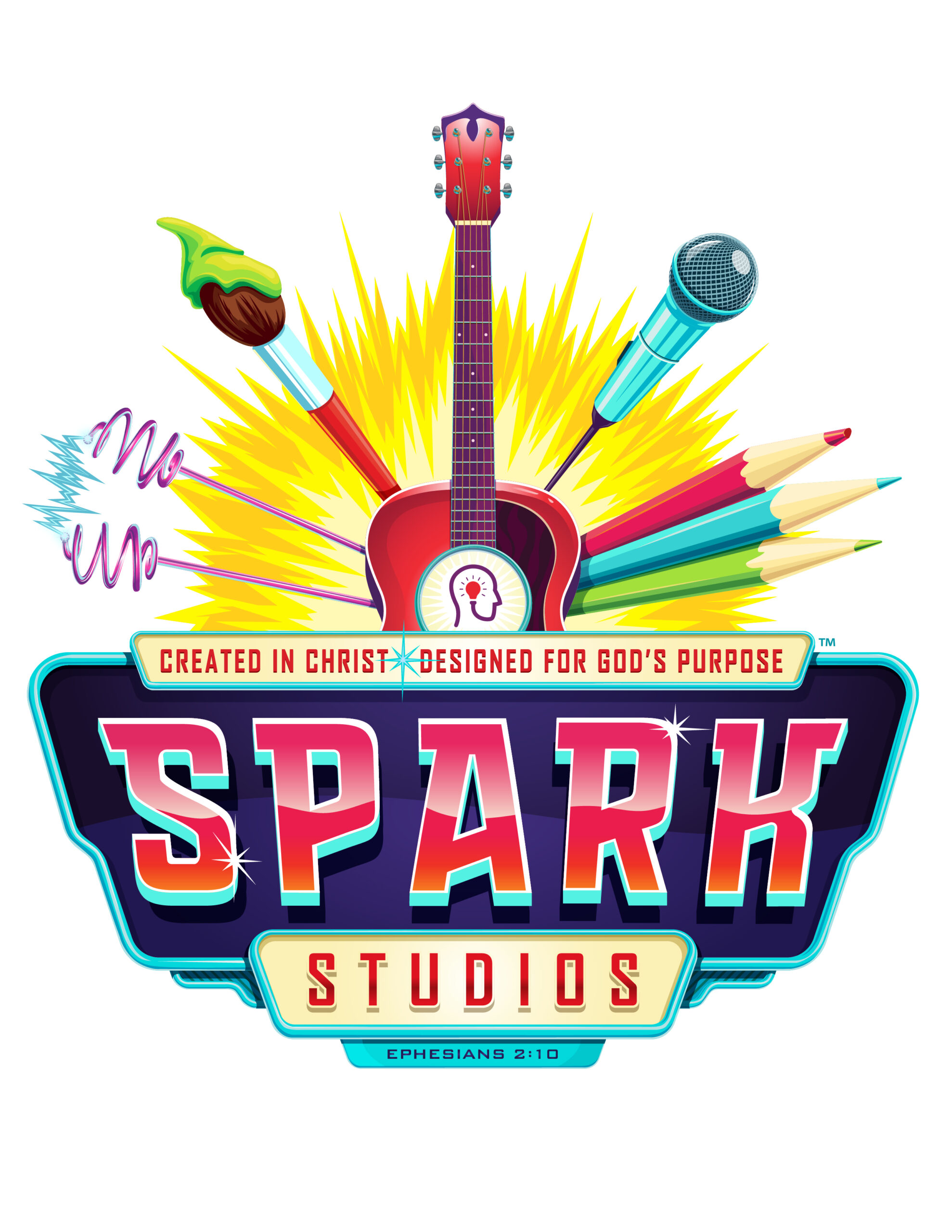 SPark studio vbs logo. includes a guitar, paintbrush, colored pencils, microphone, and electric current. Text says: created in christ, designed for god's purpose. spark studios. Ephesians 2:10.