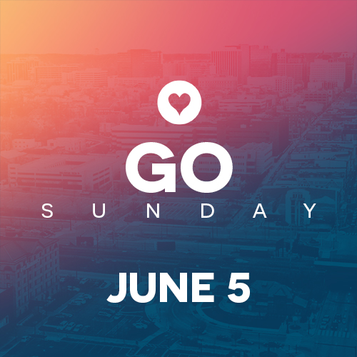 the background shows the skyline of downtown wilmington, delaware. text says: go sunday, june 5. there is also a small heart on top of the image of the city.