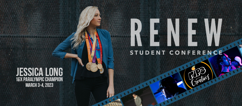 Facebook page 2 Image shows Jessica Long standing with some of her Paralympic medals and a film real from ripe creatives is in the image. Text says: renew student conference, march 3-4, 2023. Jessica long 16x paralympic champion.