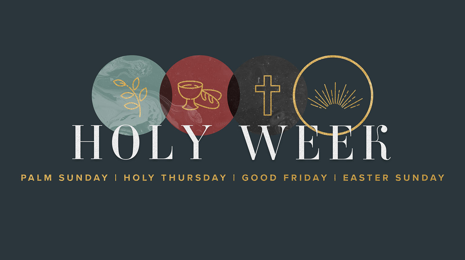 Silhouettes of a palm branch, communion, a cross and a crown. Text says: holy week.