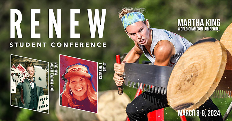 Banner image for renew 2024. Image shows martha king using a crosscut saw to cut the end off of a log, john michael hinton throwing playing cards at the viewer and artist katie small smiling in am artic rendition for her photo.