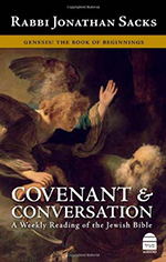 Image of the cover of the book Covenant and Conversation A Weekly Reading of the Jewish Bible By Rabbi Jonathon Sacks.