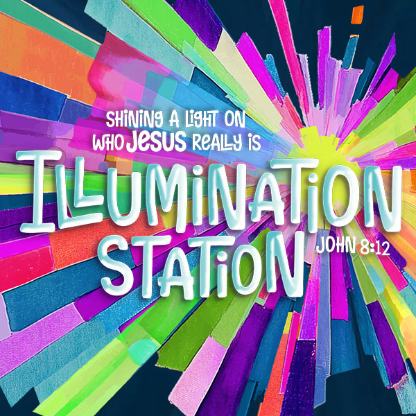 vbs26-lifeway-illumination-station Many colored bars are coming out from one central point resembling rays of sun. Text says: Shining a light on who Jesus really is. Illumination Station. John 8:12.
